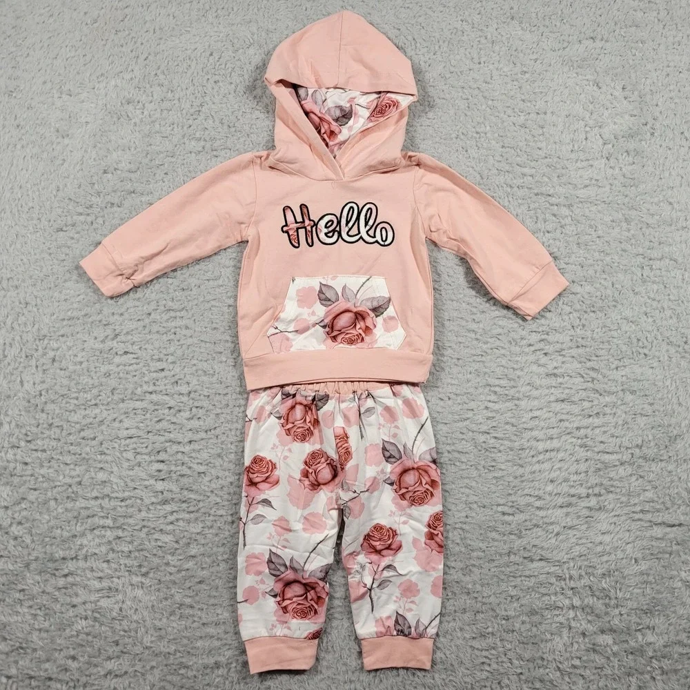 Hello Floral Hoodie and Pants Set Infant 3-6 months Pink Rose Print 2PC